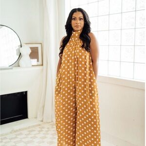 Polka Dot Halter Wide-Leg Jumpsuit - Mustard